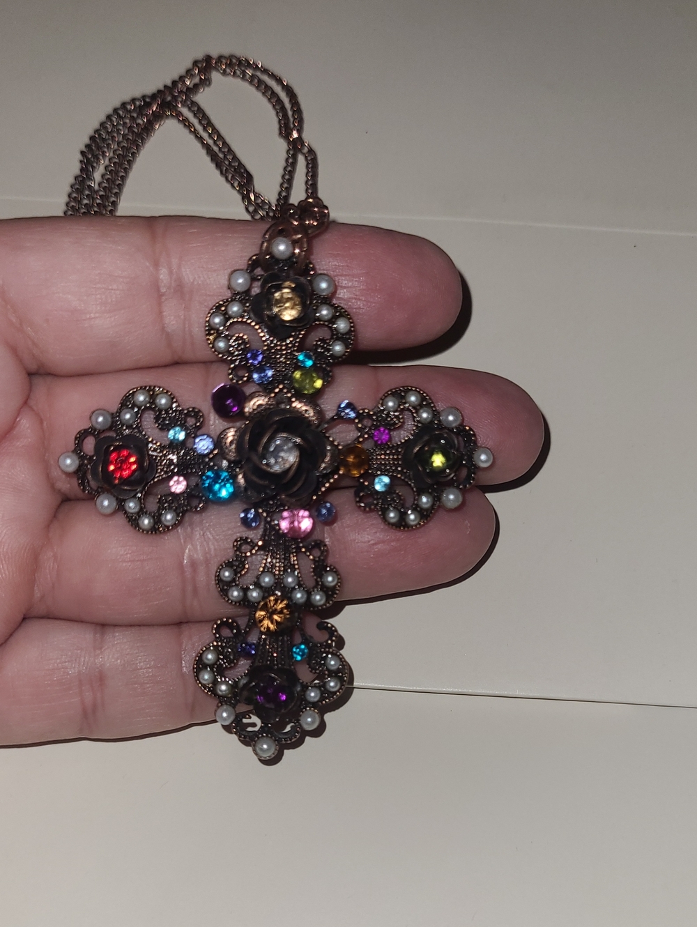 Multicolor Crystal Cross Pendant Necklace - Vintage-Inspired